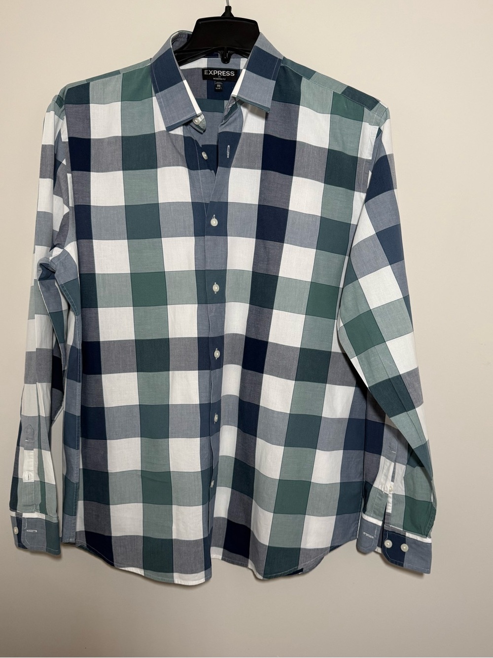 Express Men's Green, Navy & White Large Plaid Button-Down Shirt